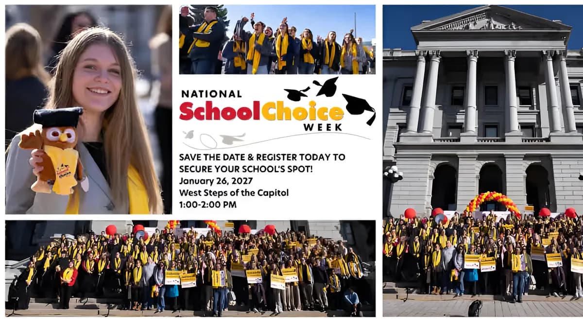 Students and families celebrating National School Choice Week on the West Steps of the Colorado State Capitol — January 26, 2027.