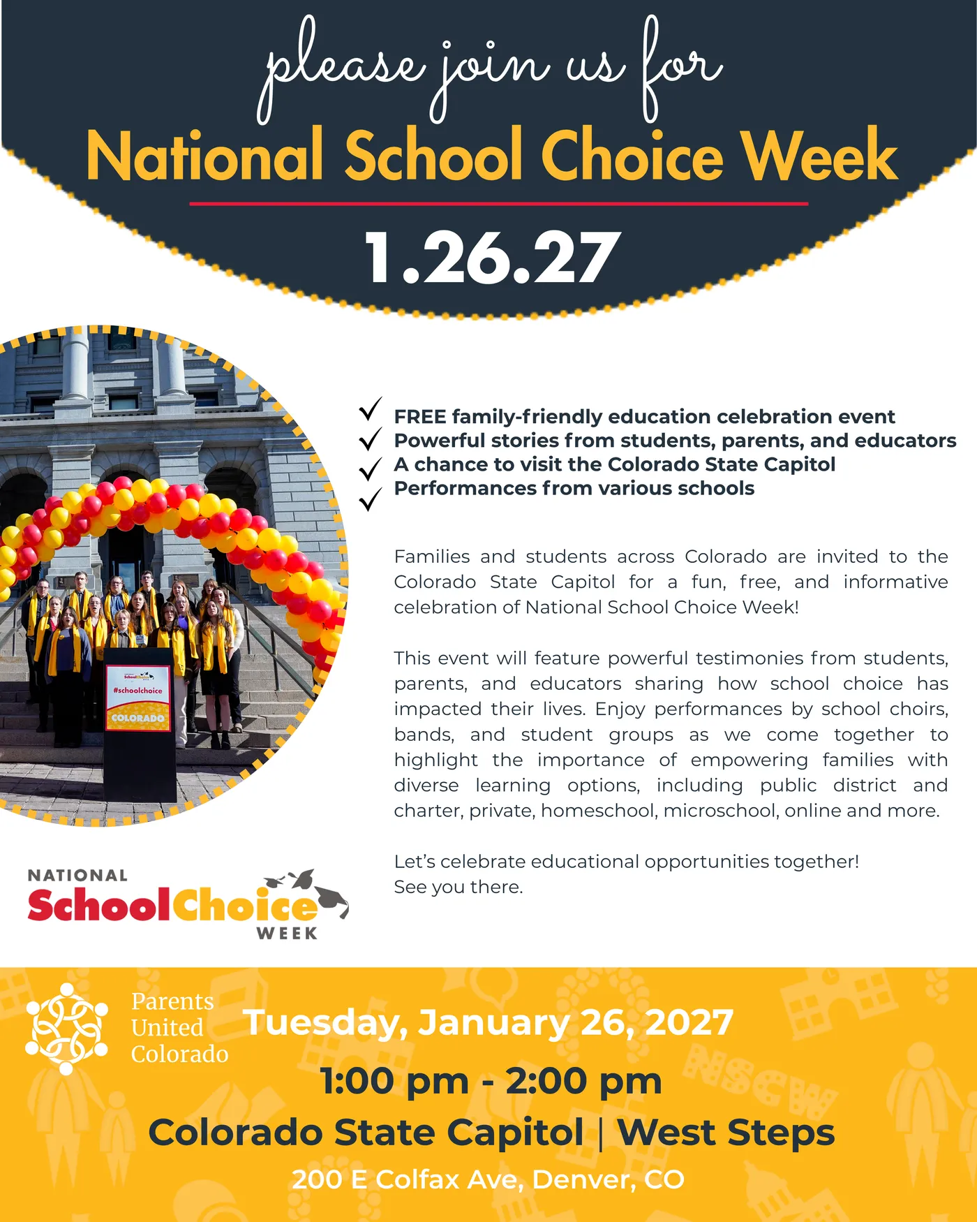 National School Choice Week Denver Capitol Celebration flyer — Tuesday, January 26, 2027, 1:00–2:00 PM, Colorado State Capitol West Steps, 200 E Colfax Ave, Denver.