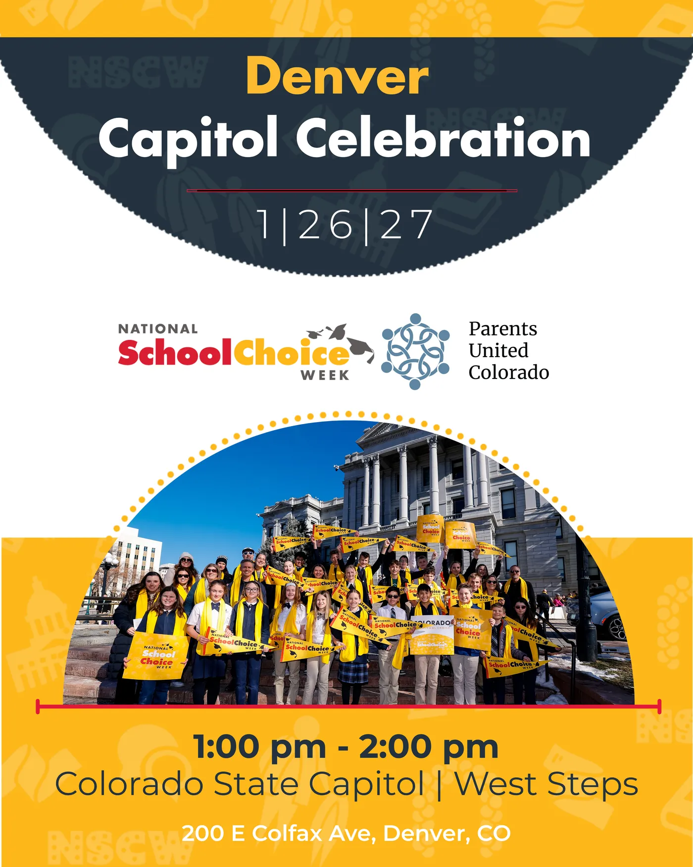 Schools gathered on the Colorado State Capitol steps holding National School Choice Week signs for the Denver Capitol Celebration.